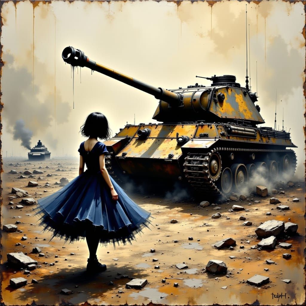 Girl in War Zone: Impasto Oil Painting