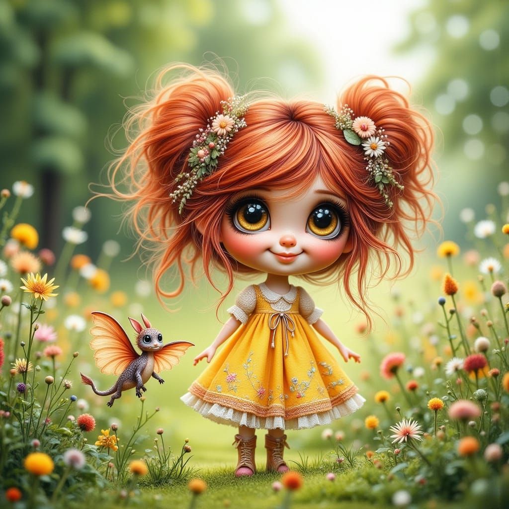 red pig tail doll with pet dragon