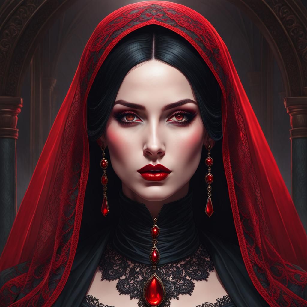 Gothic Woman in Red Veil: Hyperdetailed Portrait