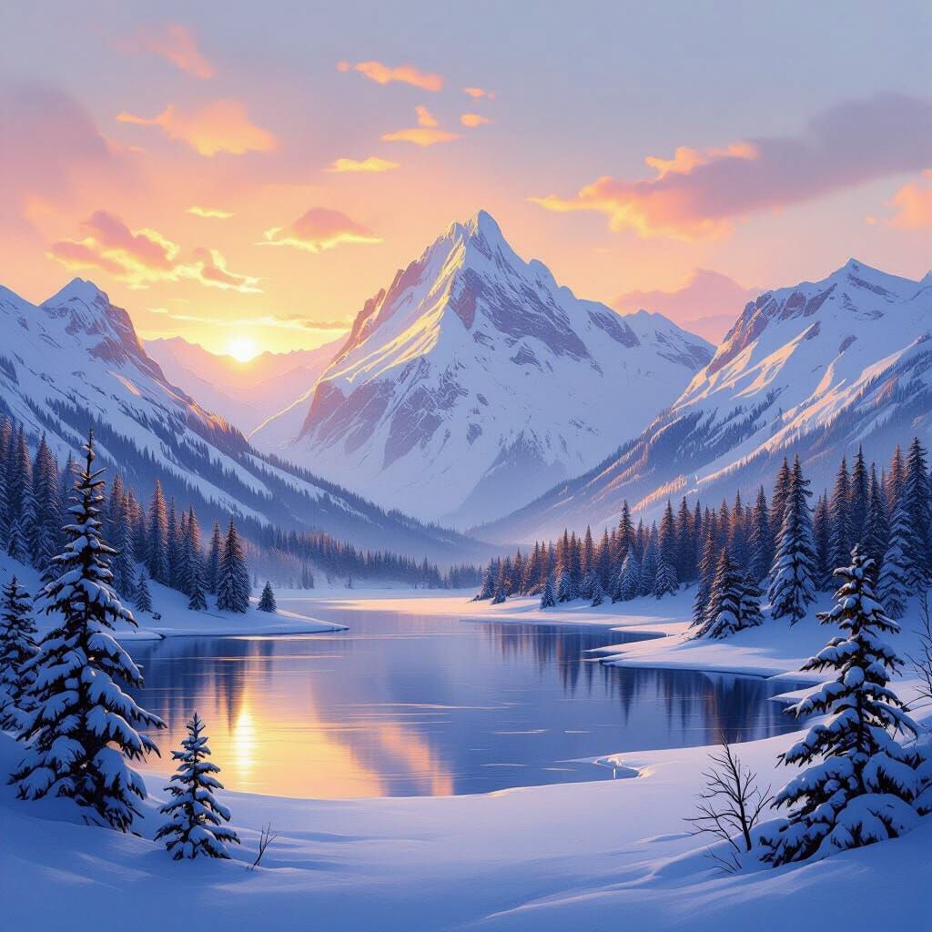 Serene Snowy Mountain Sunrise Landscape