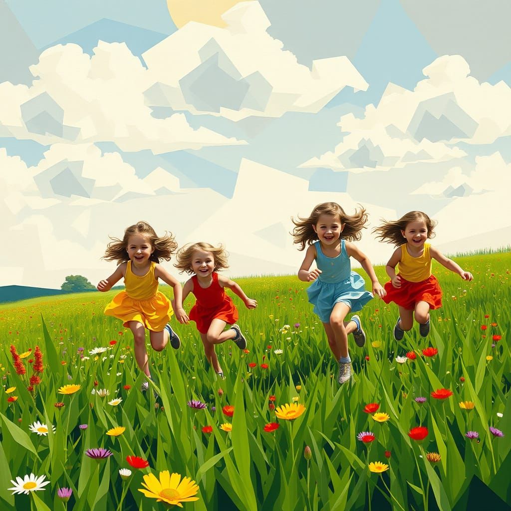 Vibrant Children at Play in a Cubist Meadow