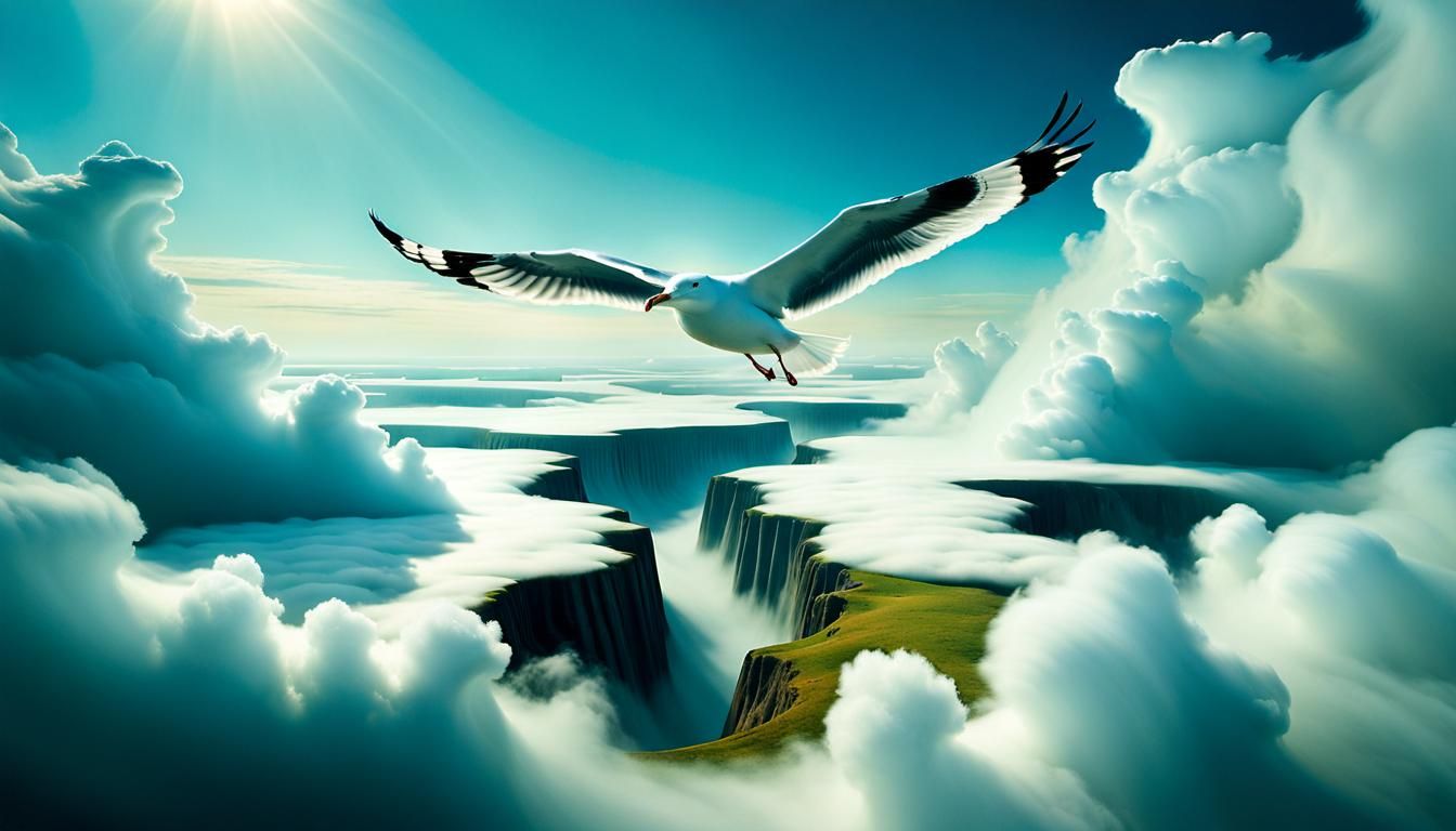 Surreal Seagull Flight Through Abstract Dreamscape