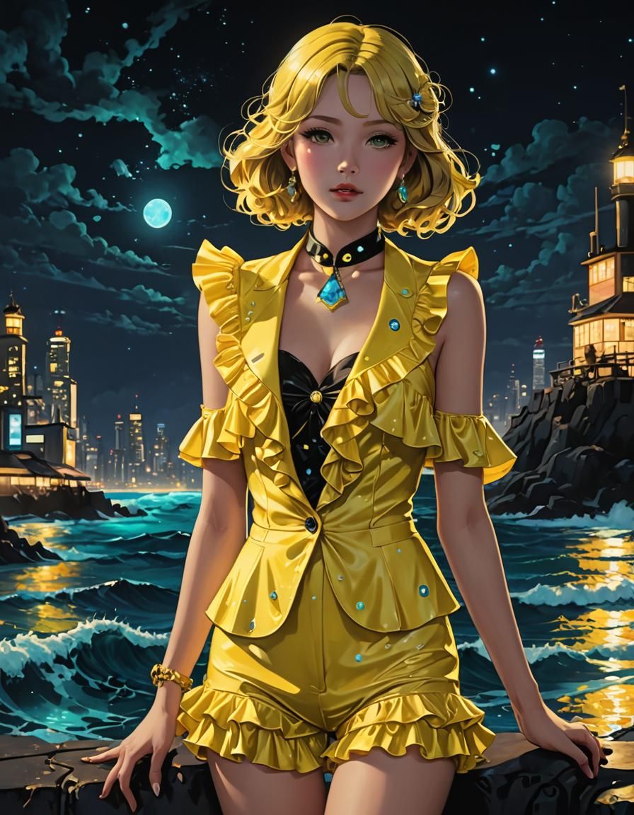 Bioluminescent Ocean Waves with 1930s Fashion, Graffiti Art