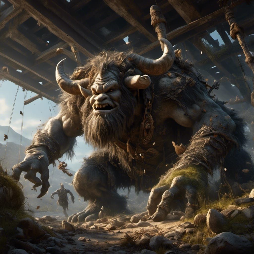 Ugly Troll Attacks Billy Goat Gruff: Detailed Matte Painting
