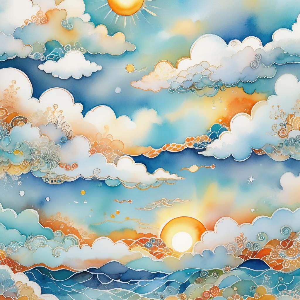 Dreamy Watercolor Sun Over Ocean with Zentangle Patterns