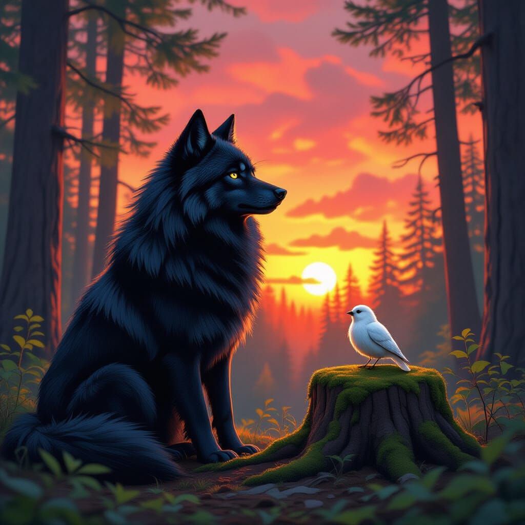 Fierce Black Wolf and Tiny White Bird in Forest