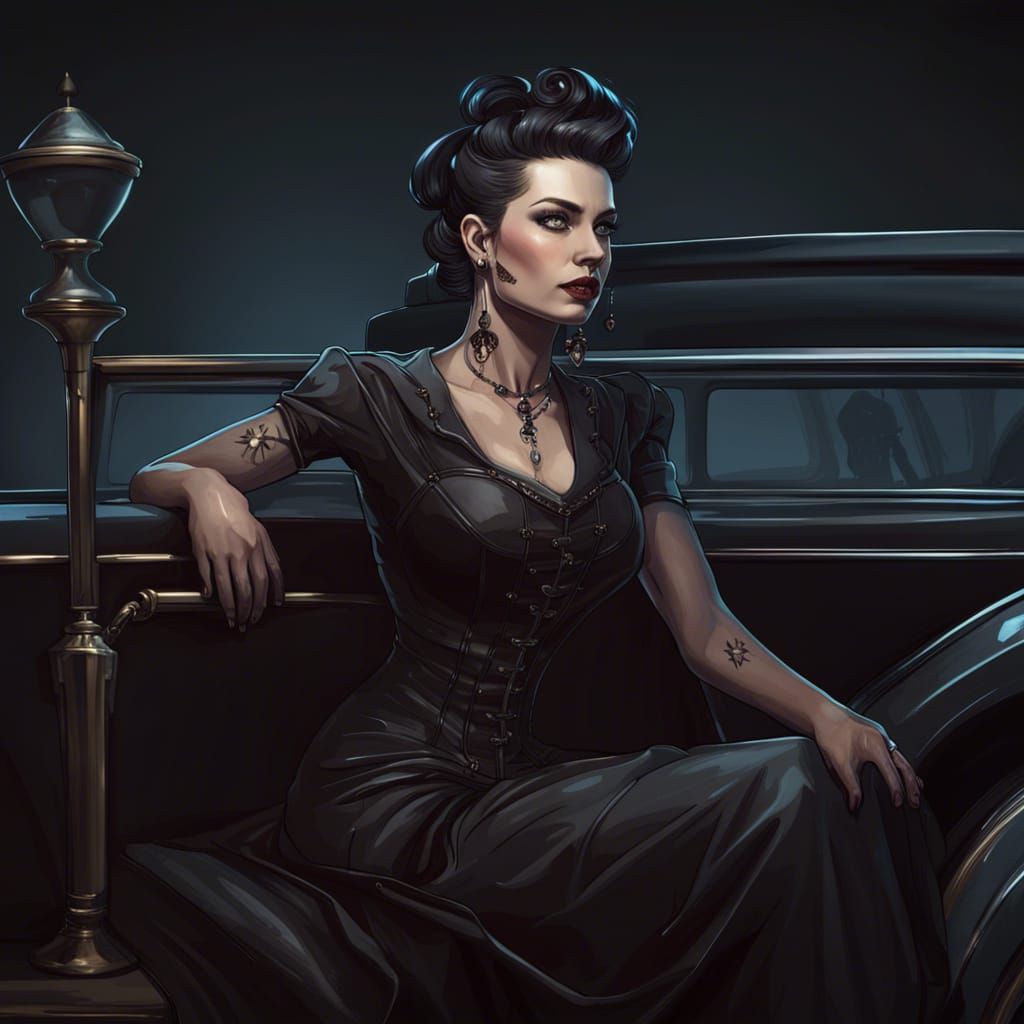 Gothic Rockabilly Woman on Hearse: Detailed Portrait
