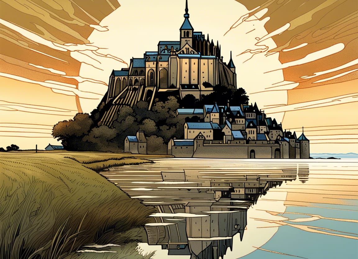 Mont Saint-Michel in France, Alphonse Mucha Style