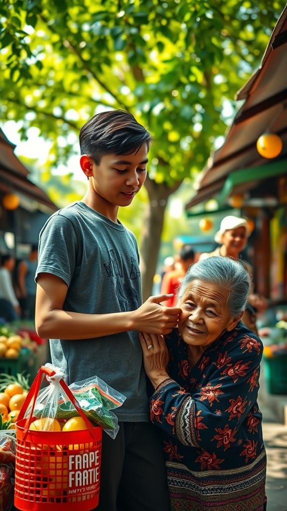 Heartwarming Moment in Indonesian Market Scene