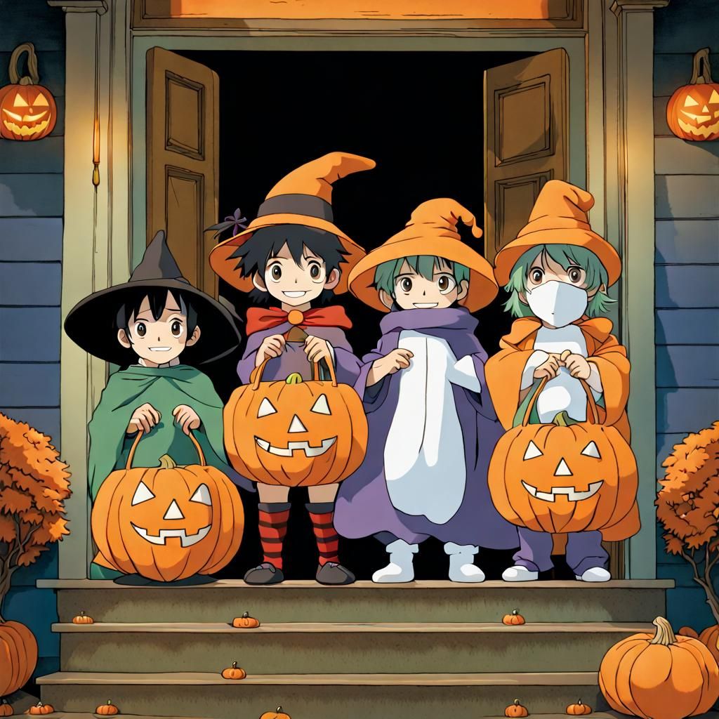 Ghibli Group Trick-or-Treaters in Delightful Doorway Gatheri...