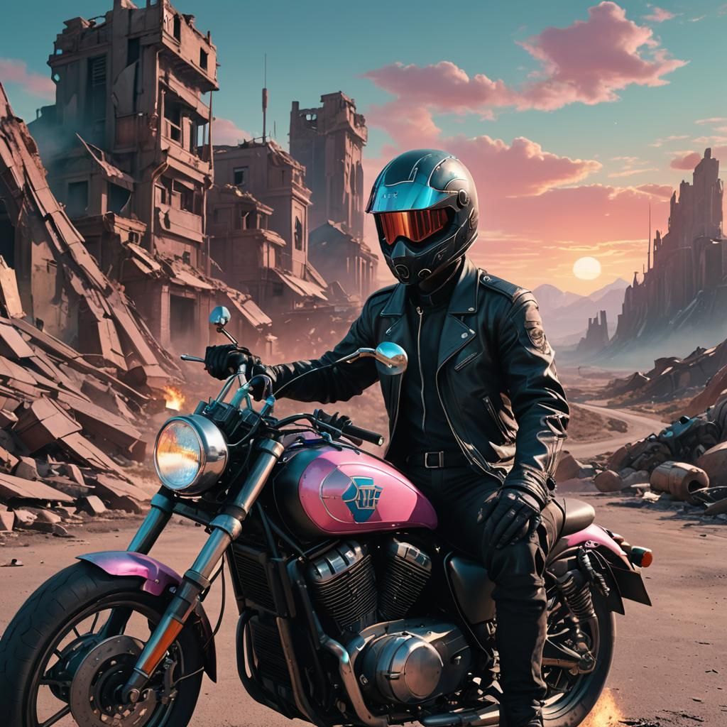 Daredevil on Motorcycle in Abandoned Landscape