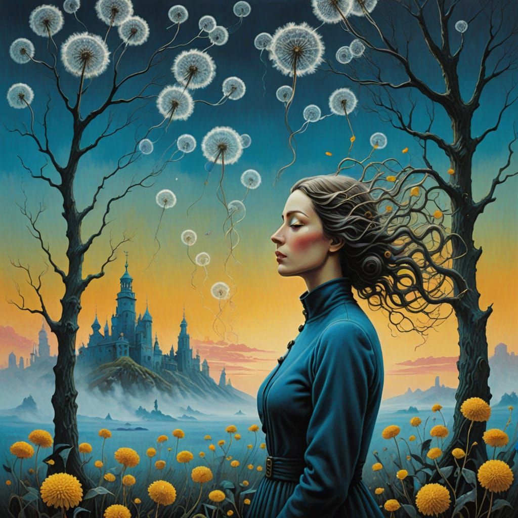 Dreamlike Surrealist Goddess Among Blooming Dandelions in Sp...