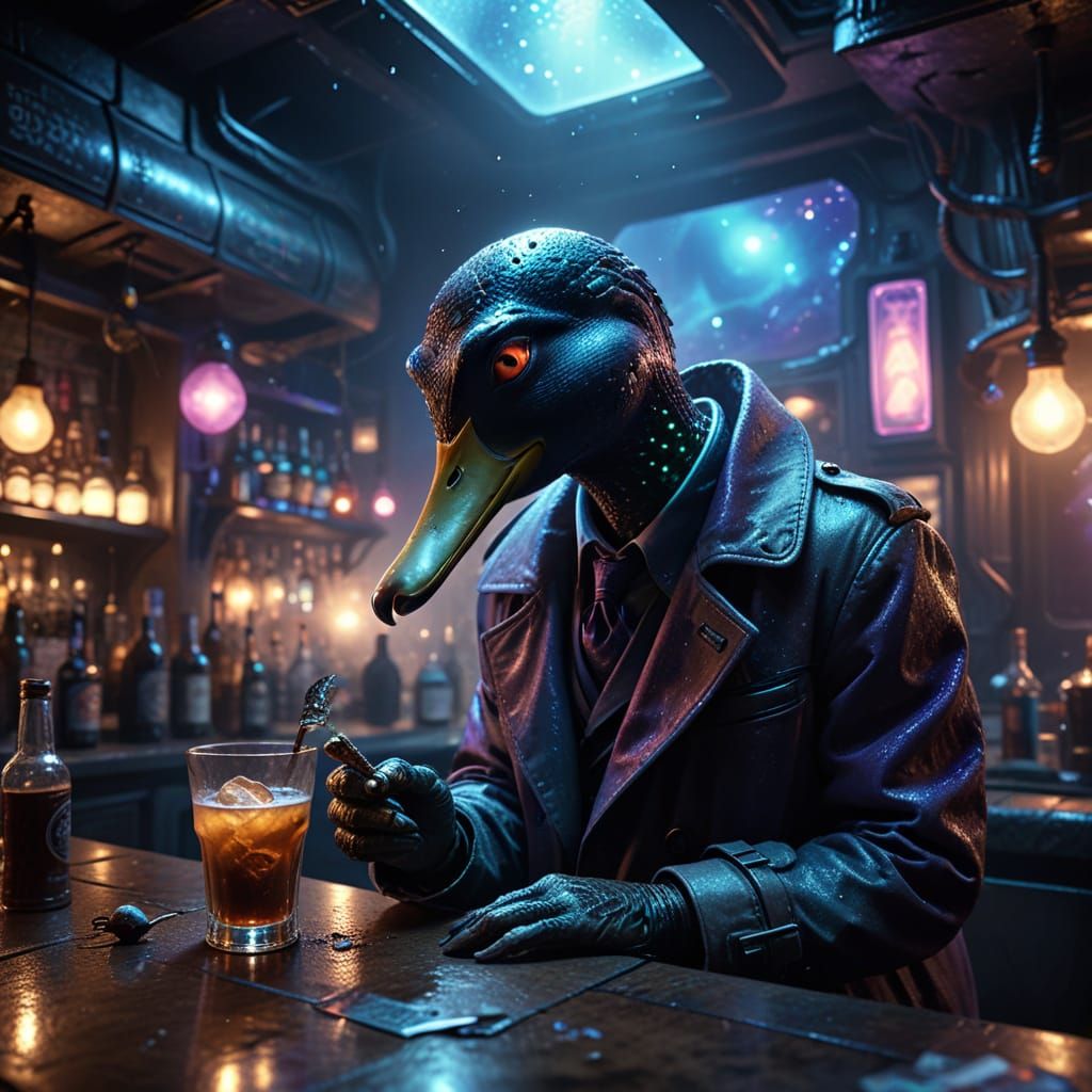 Duck Detective on Alien Planet in Smoky Bar