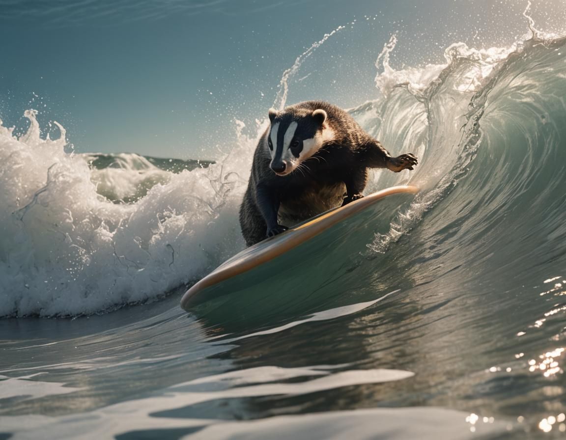 Badger Surfing a Wave in Photorealistic Style