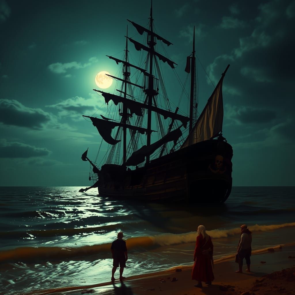 Ghostly Pirate Ship Emerges Under Moonlight: Eerie Realism