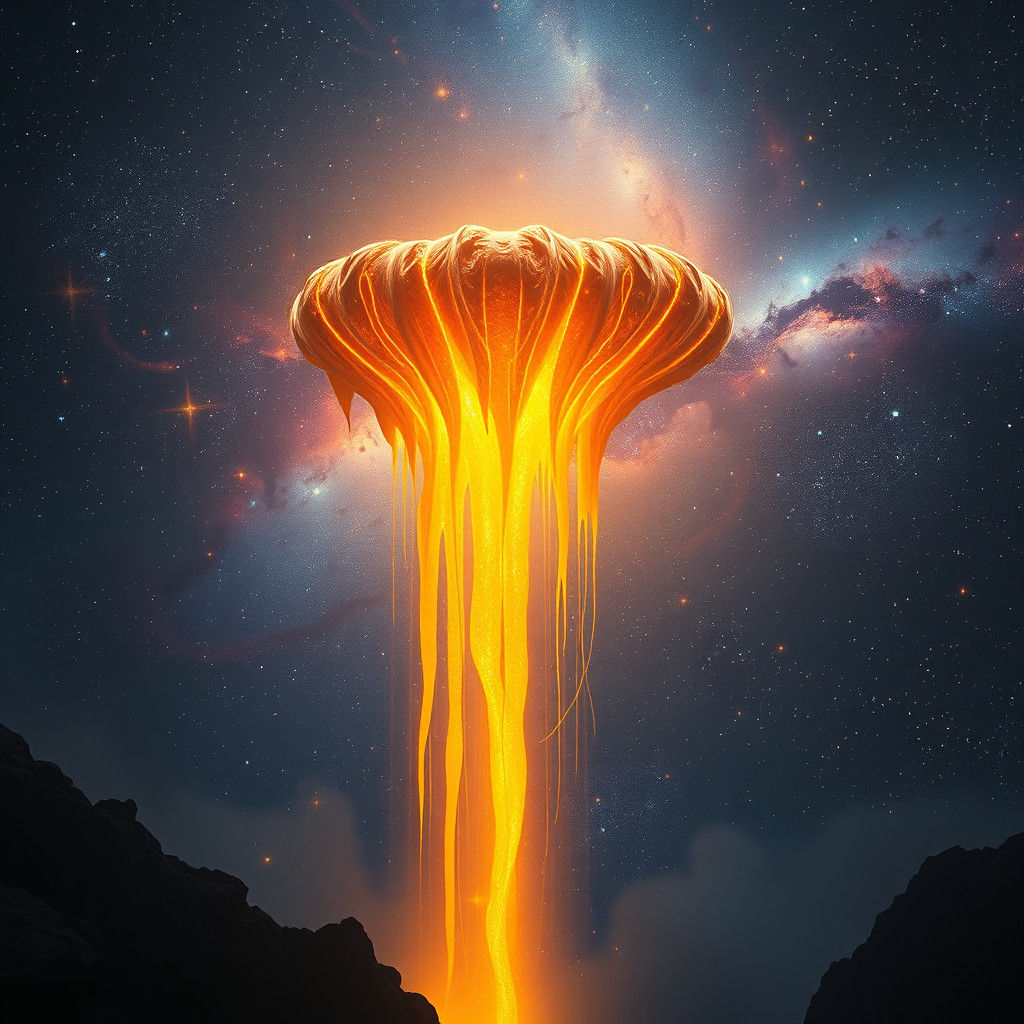 Ethereal Golden Waterfall Drifting Through Galaxy