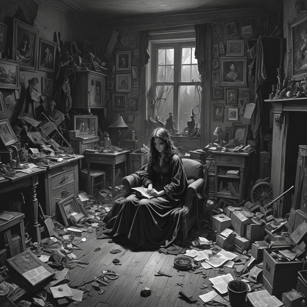Shadowy Woman in a Cluttered Room: Horror Image