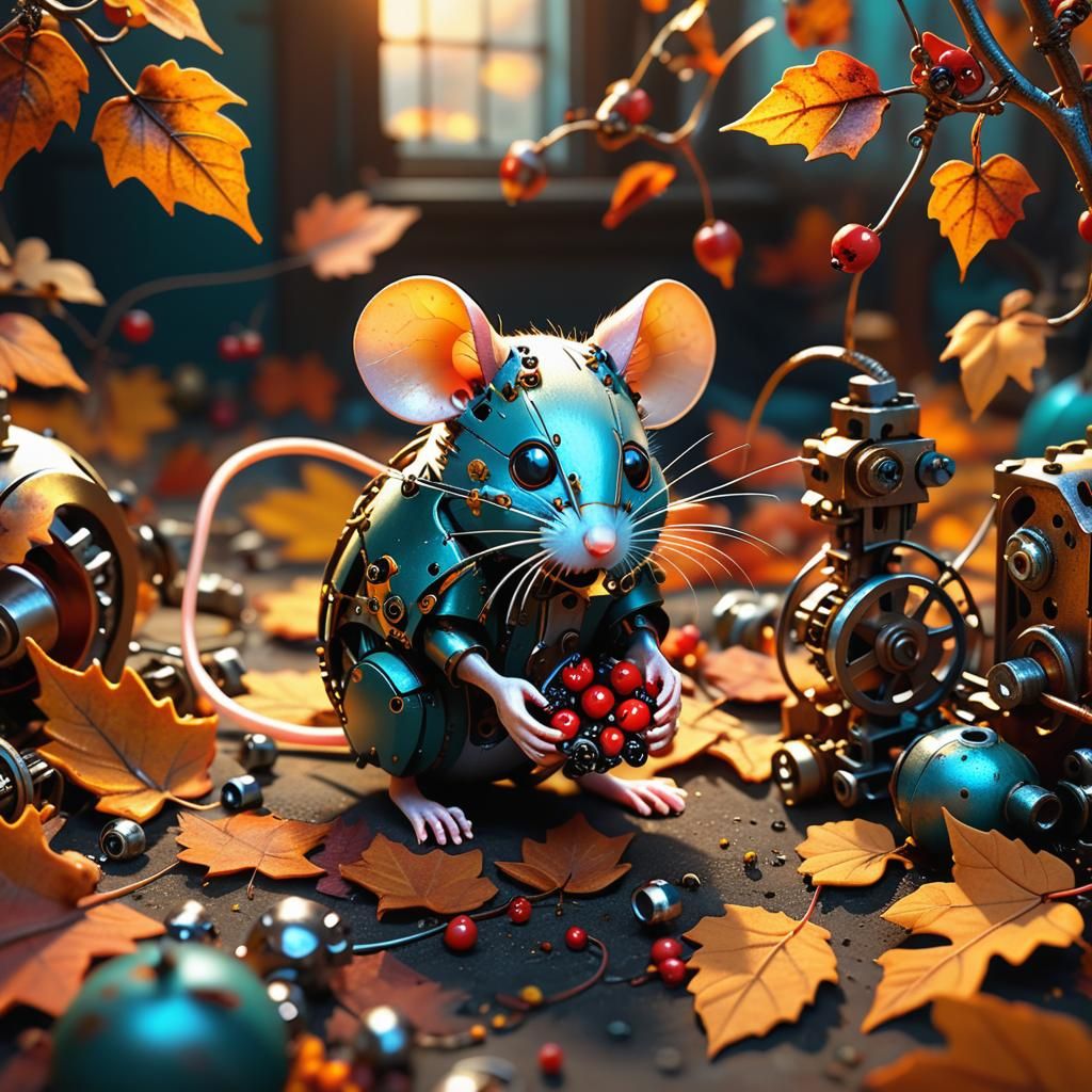 Mouse Critter Nibbling Berries in Autumn: Digital Matte Pain...