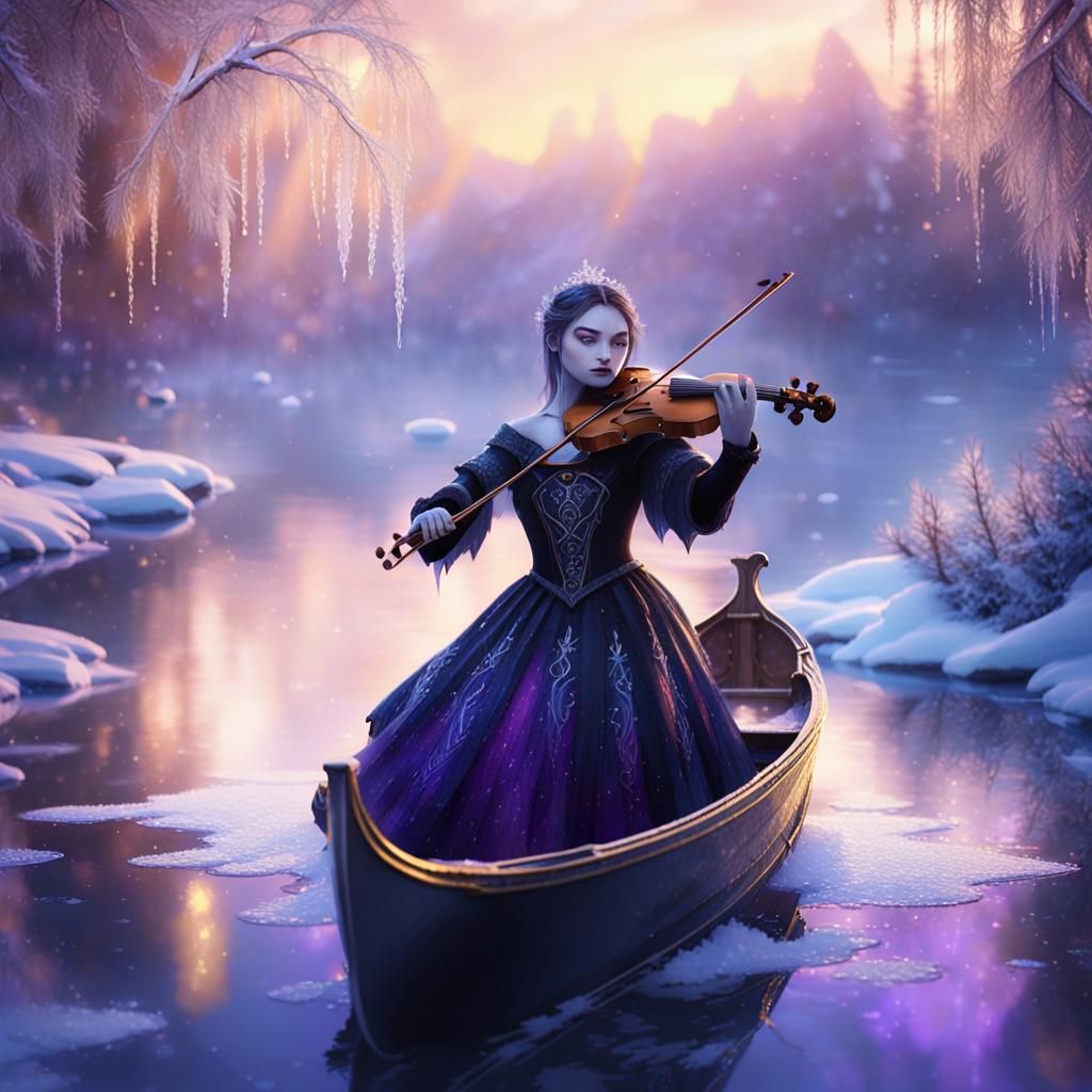 Gothic Angel Plays Violin on Frozen River