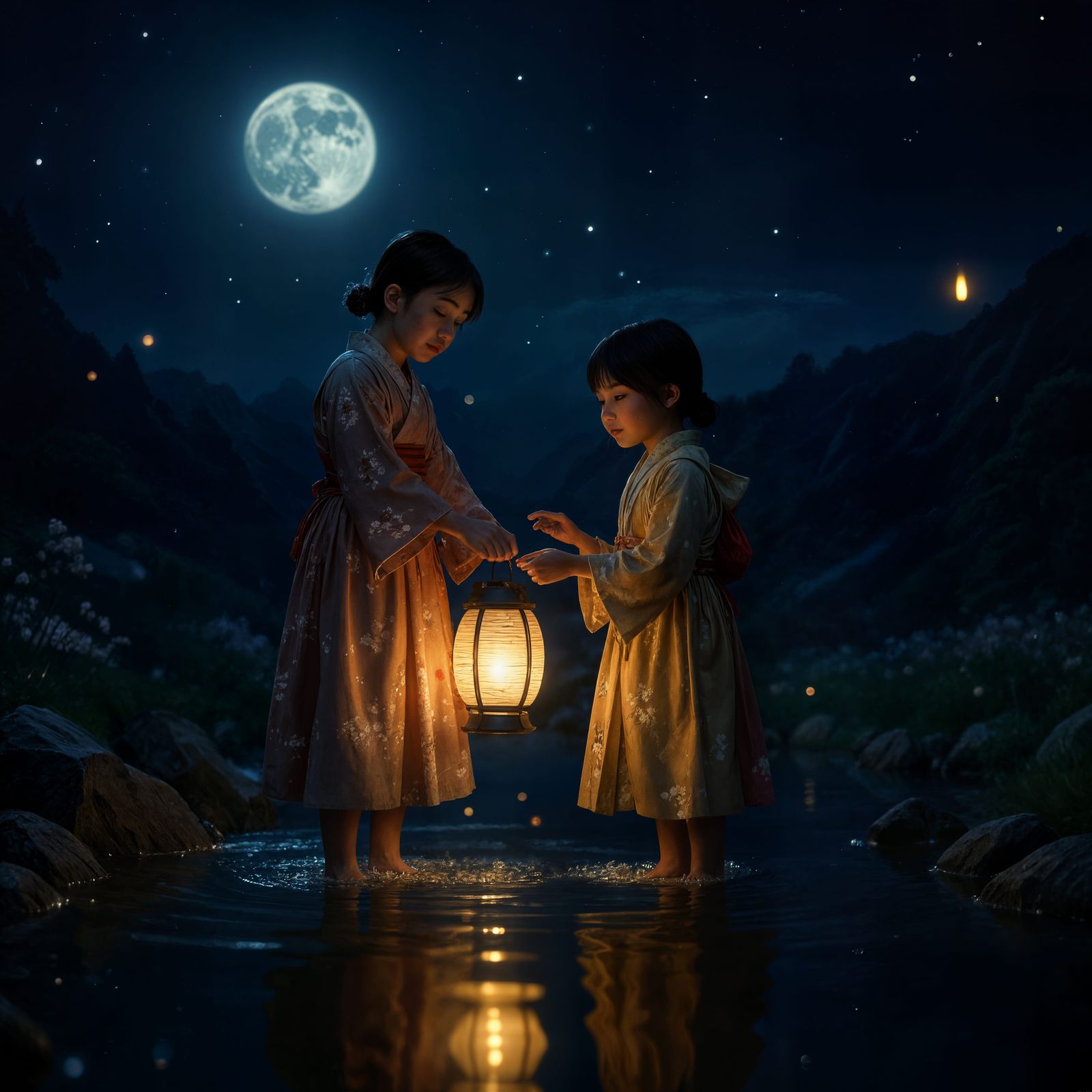 Dreamy Japanese Meadow With Floating Lanterns