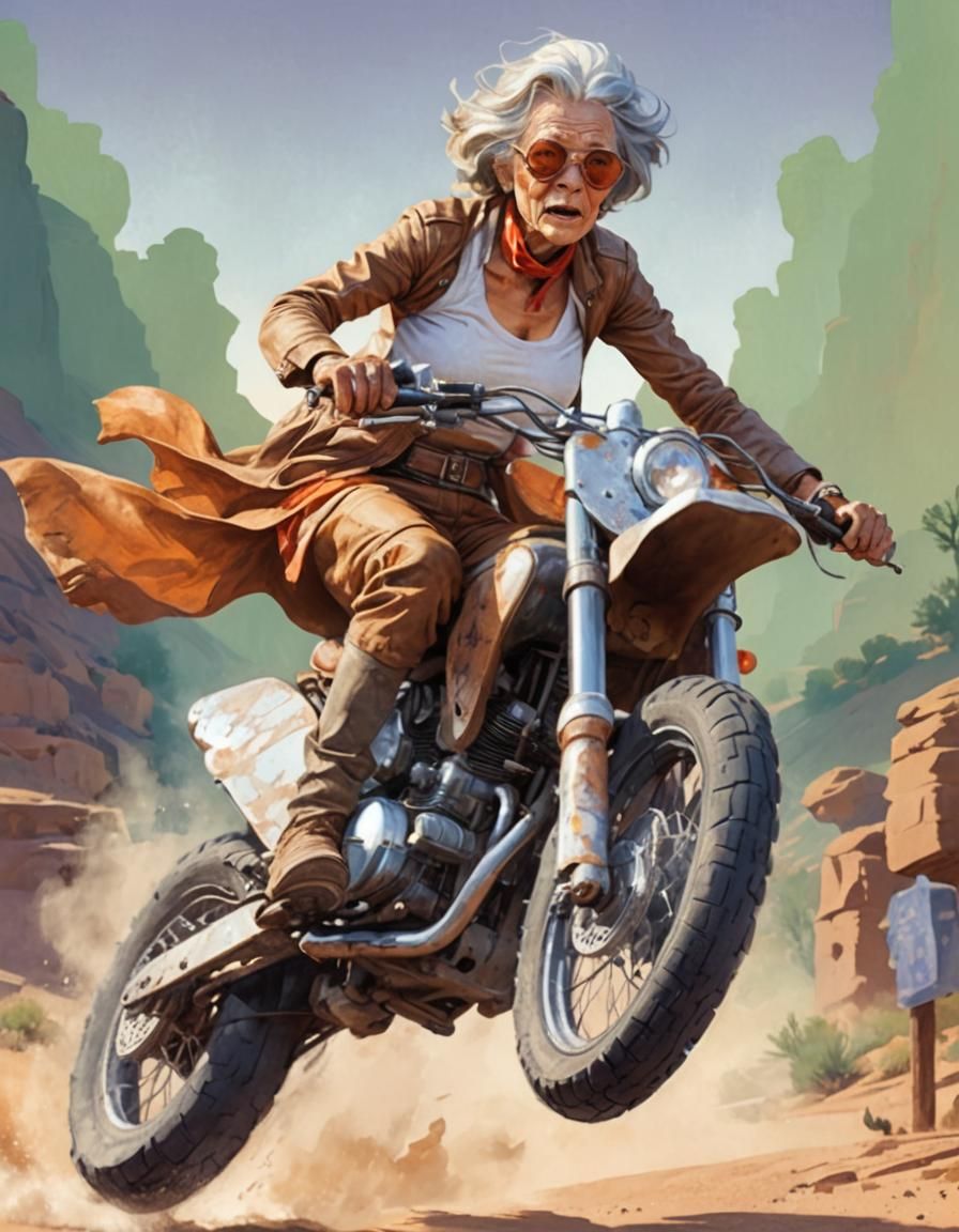 Old Woman Rides Motorcycle: Stylized Desert Illustration