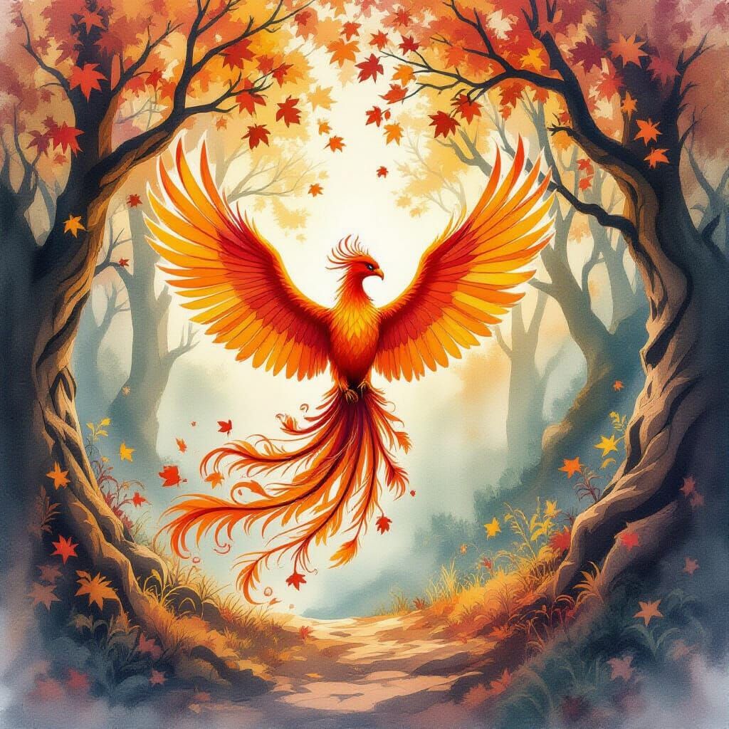 Majestic Phoenix Rises in Autumn Colors, Watercolor Style