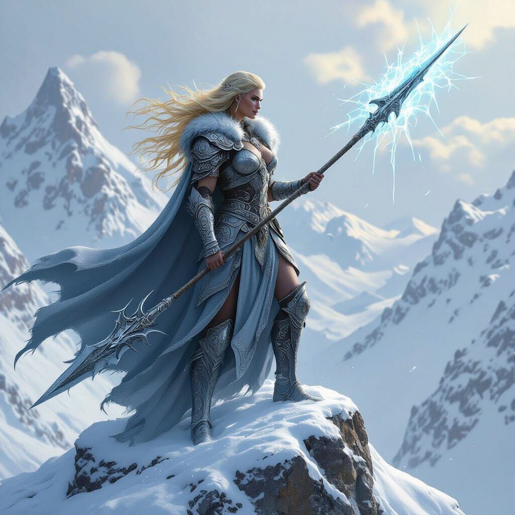 Valkyrie on Mountain Peak in Norse Fantasy Style