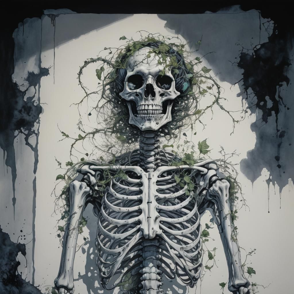 Intricate Skeleton Illustration with Vines and Insects