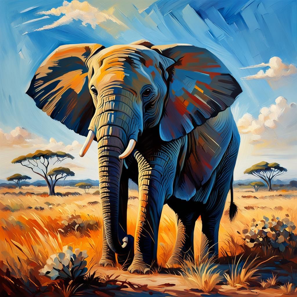 Elephant in Savannah as Oil Painting