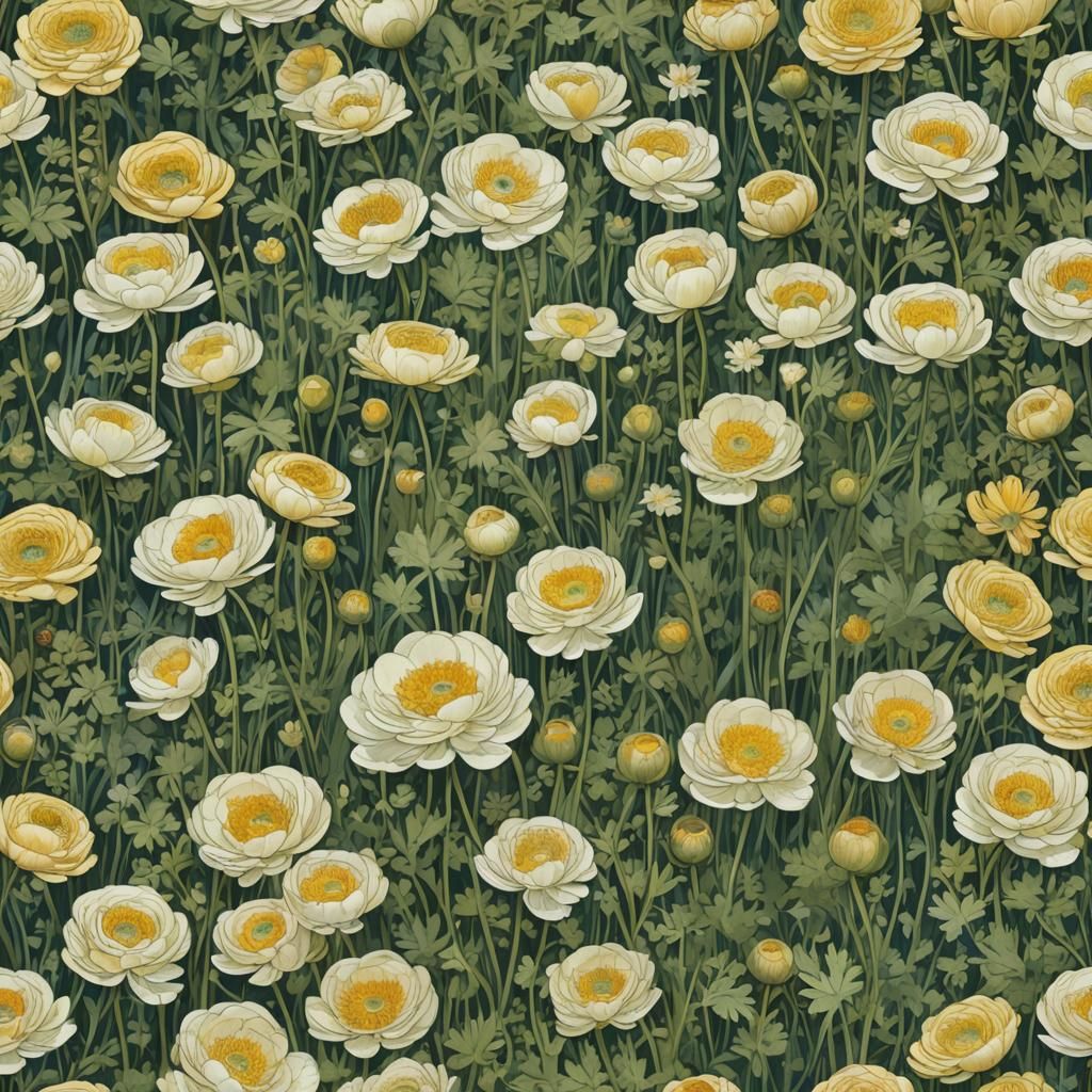 Luminous Crowfoot Carpet on Lake, in Klimt Style