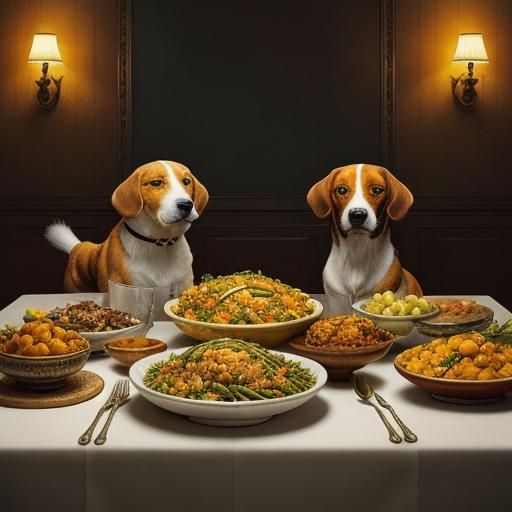 Dogs Enjoying a Thanksgiving Feast in Matte Painting Style