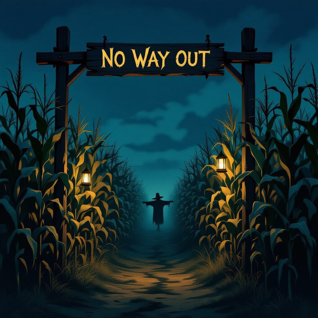 Menacing Corn Maze at Midnight with Eerie Figures