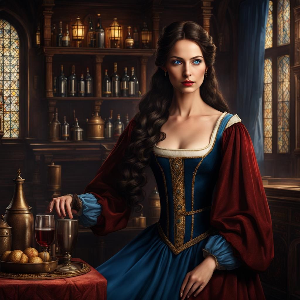 Medieval Noblewoman in City Tavern Scene