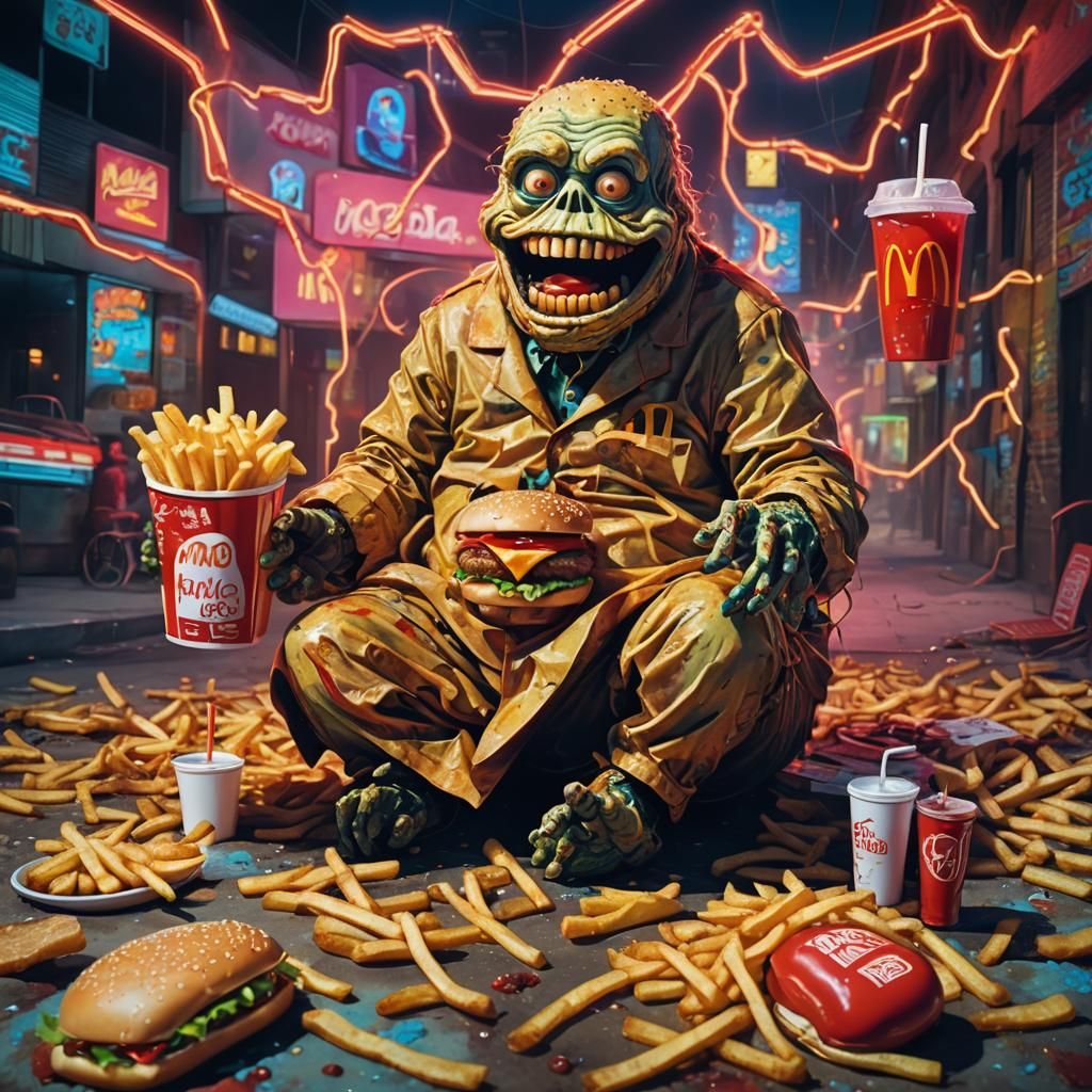Surreal Alien's First McDonald's Meal as Impasto Painting