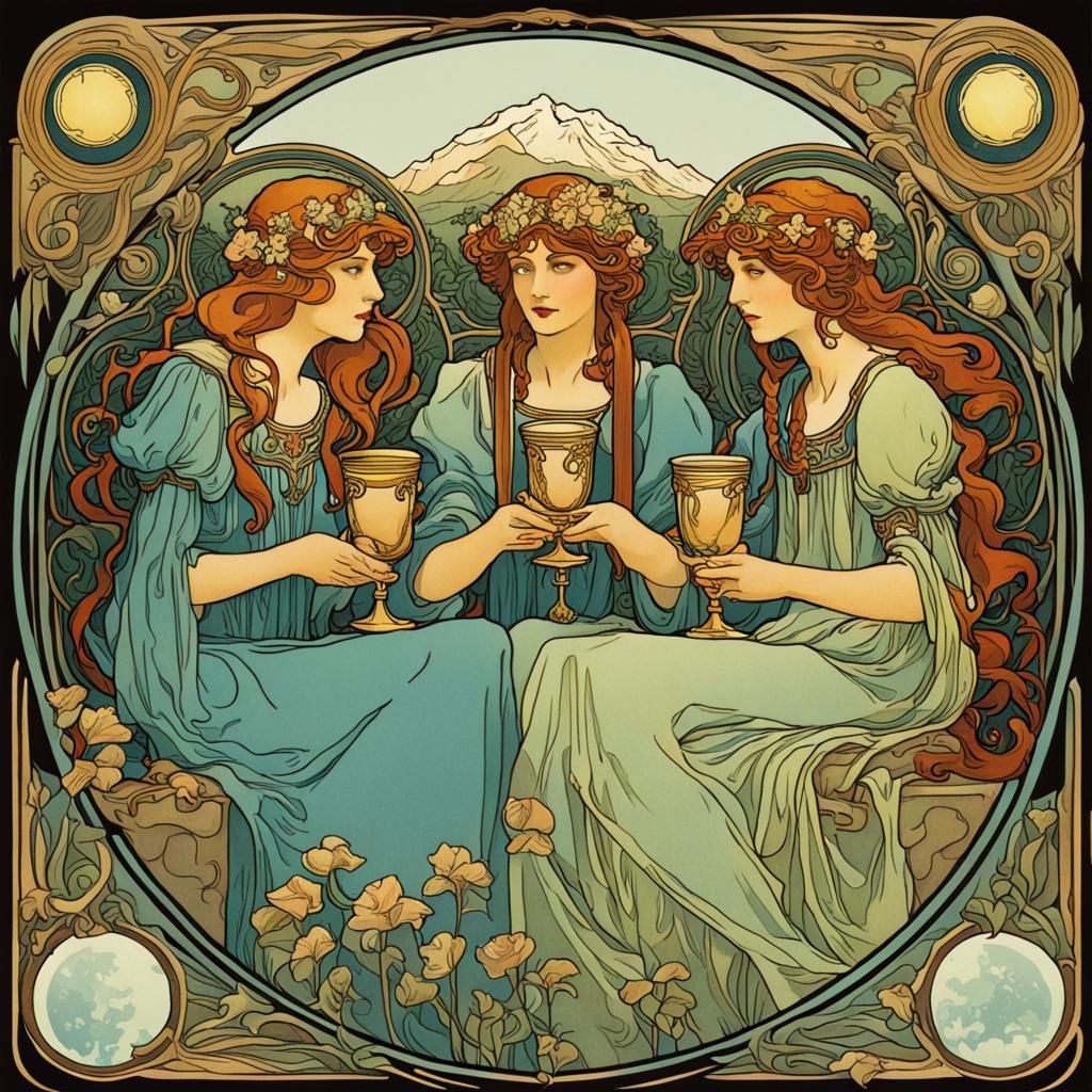 Three of Cups, Alphonse Mucha style