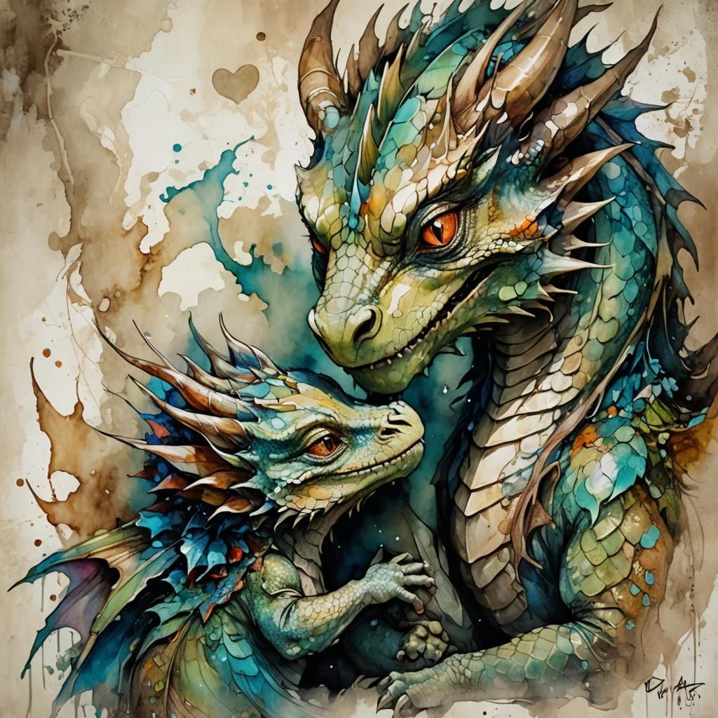 Loving Dragon Family Portrait in Alcohol Ink Style