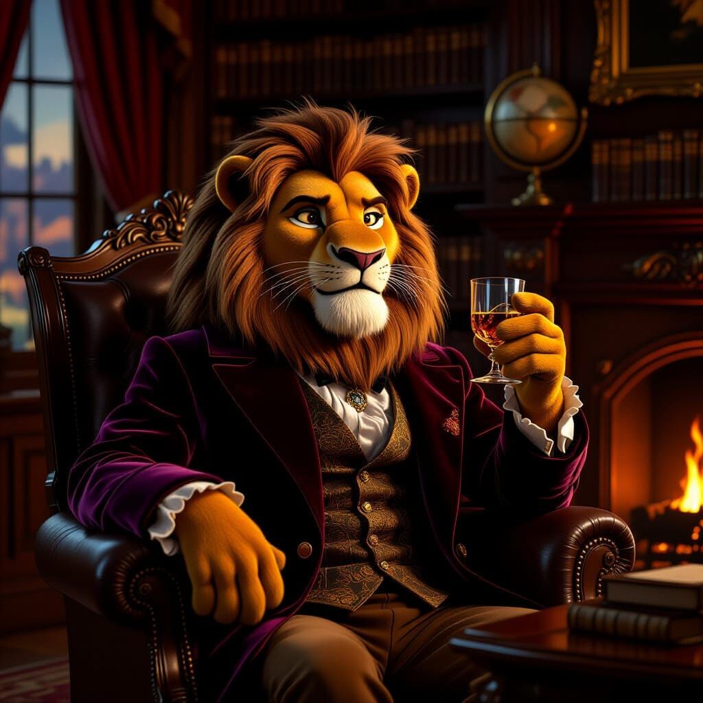Sophisticated Lion in Study, Disney Animation Style