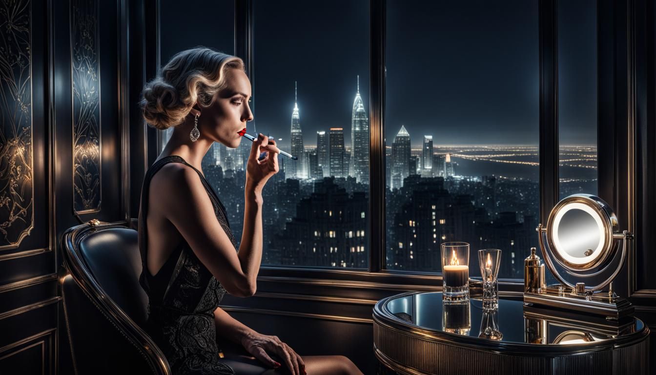 Art Deco Woman Smoking at Night, Hyperrealistic