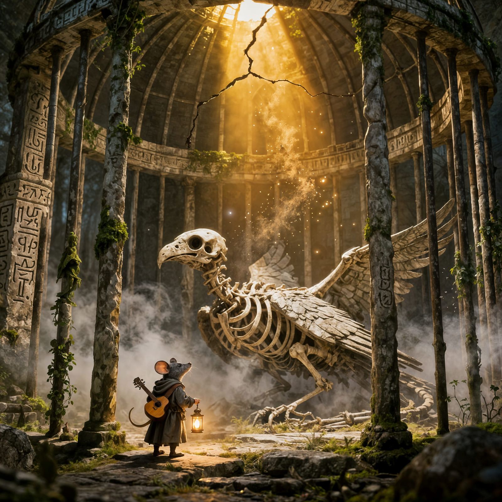 Mouse Adventurer in Ancient Stone Birdcage with Giant Skelet...