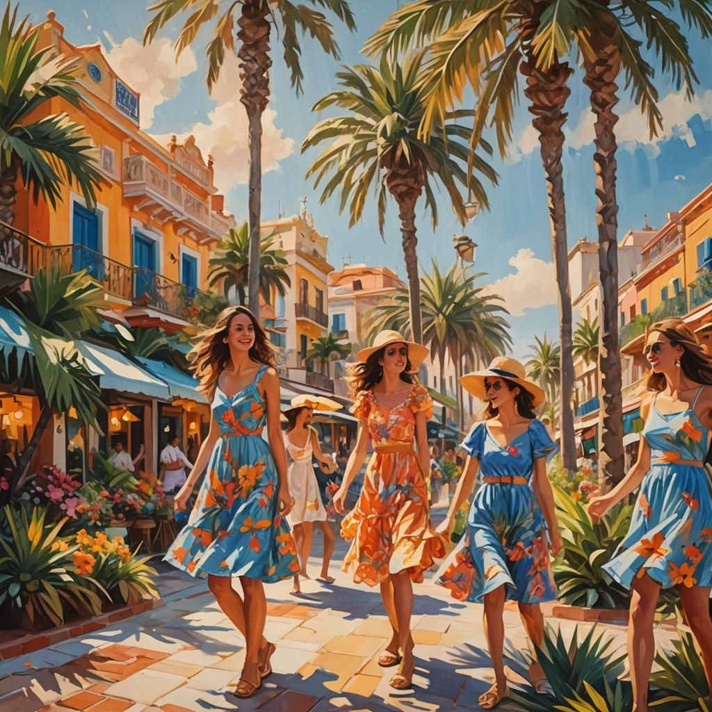 Spanish Coastal Scene with Women in Summer Dresses