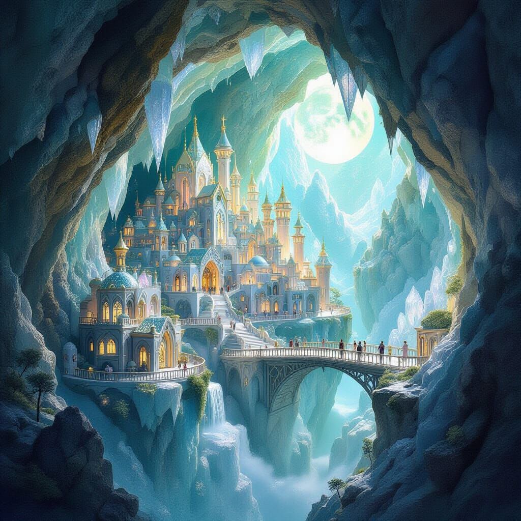 Whimsical Crystal Geode City in Ethereal Light