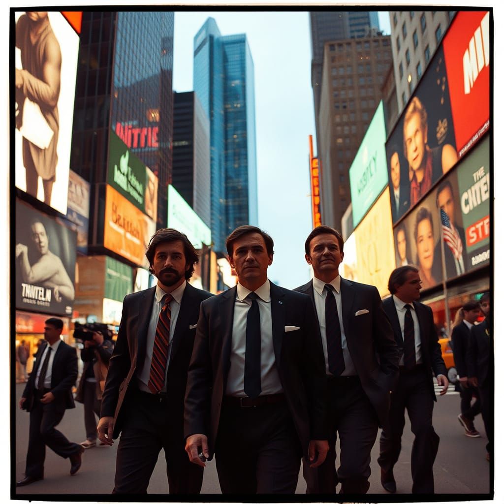 Cavemen in Suits Roam Times Square: Cinematic Still