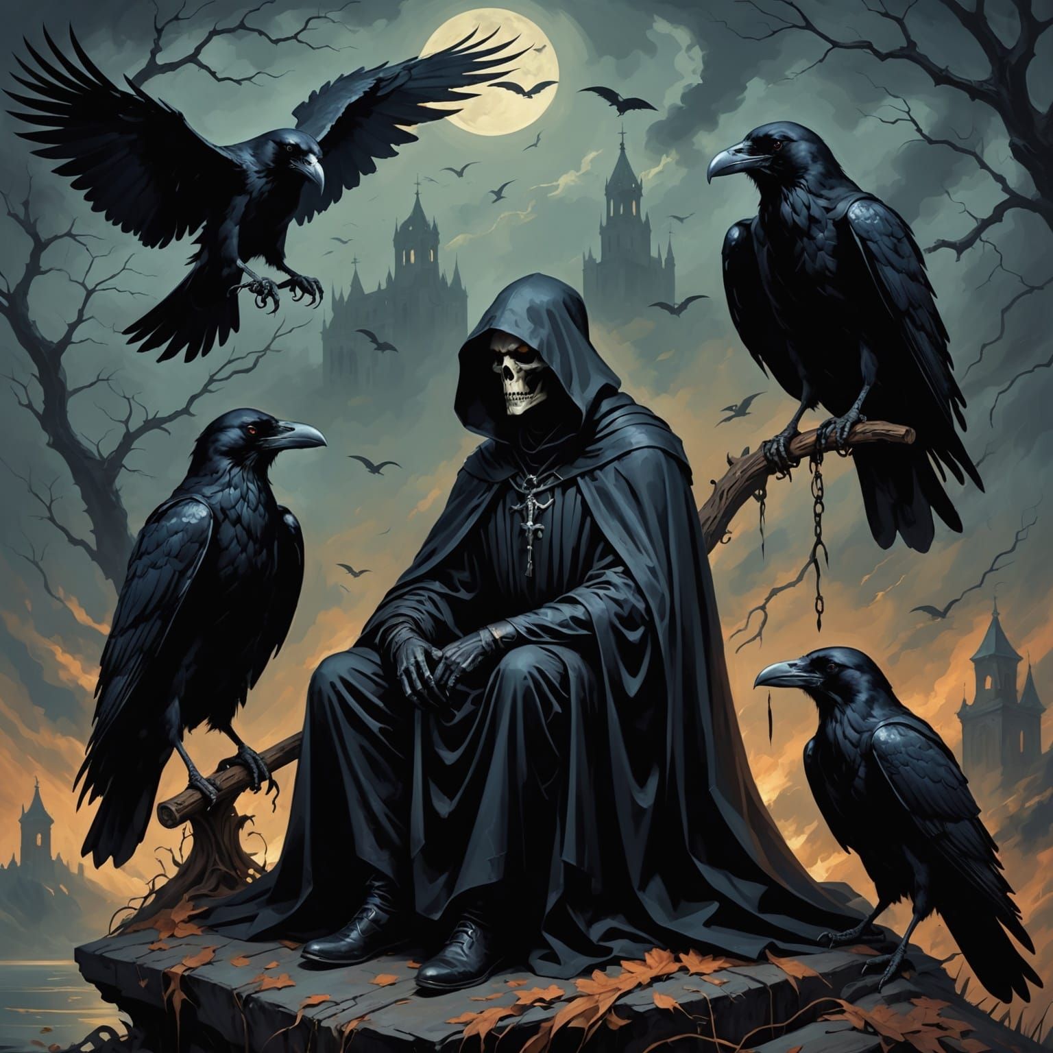 Ravens on Grim Reaper Oil Painting