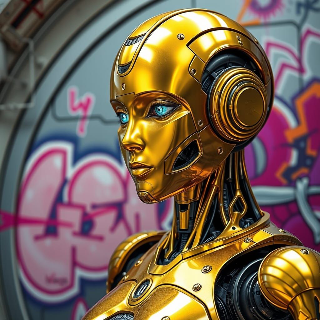 Golden Robot Artist Paints Vibrant Space Station Graffiti