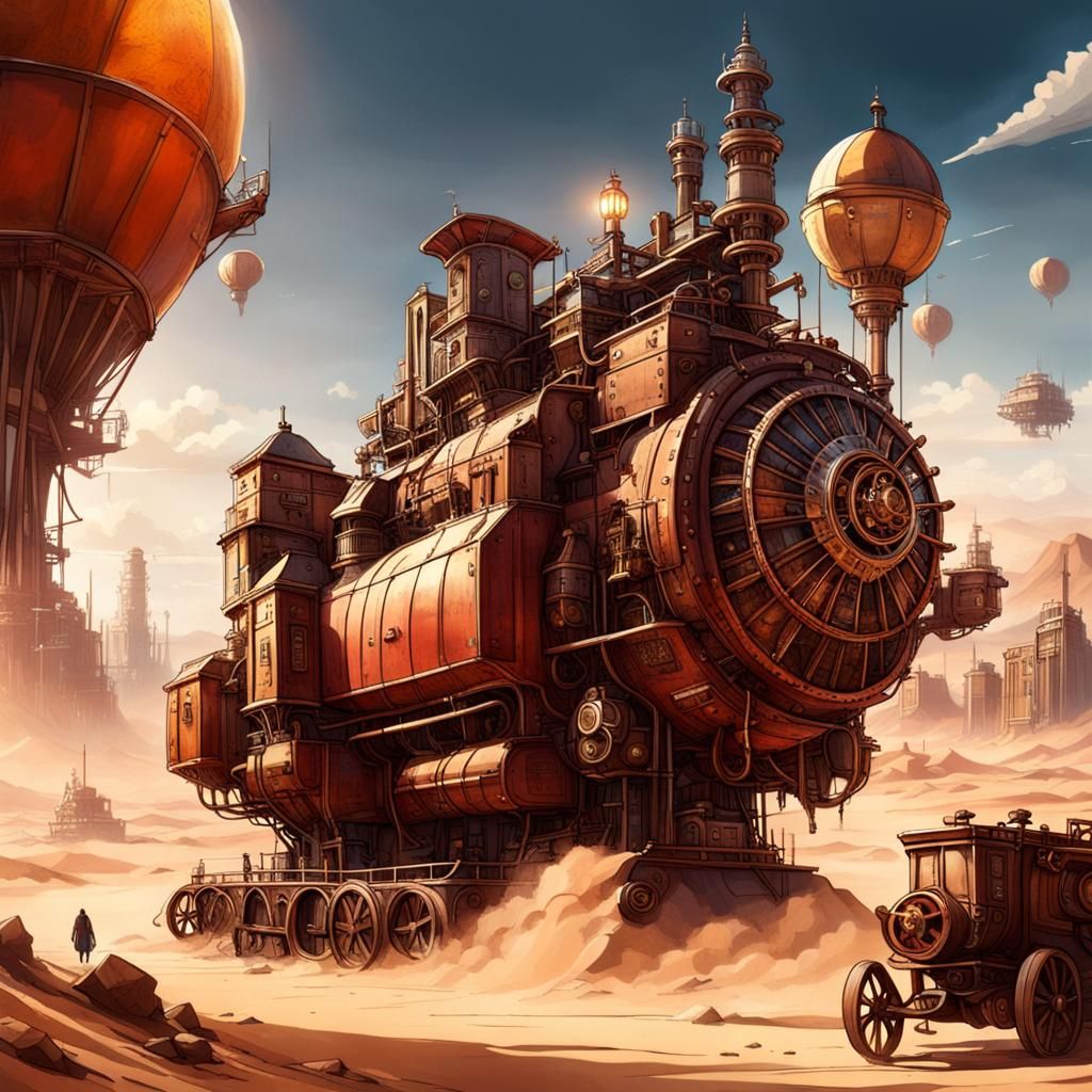 Steampunk Mobile City in Desert Landscape