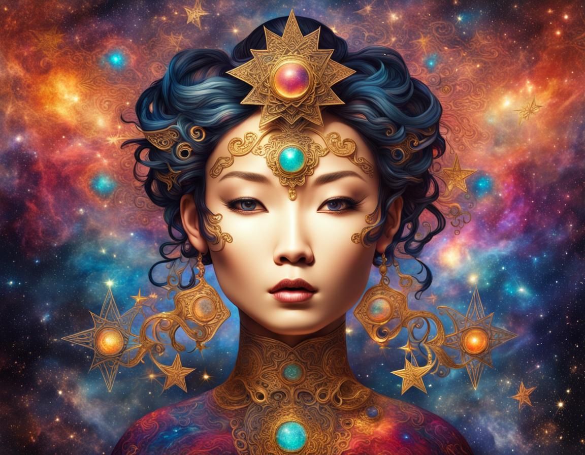 Ethereal Asian Star Goddess in Cosmic Landscape