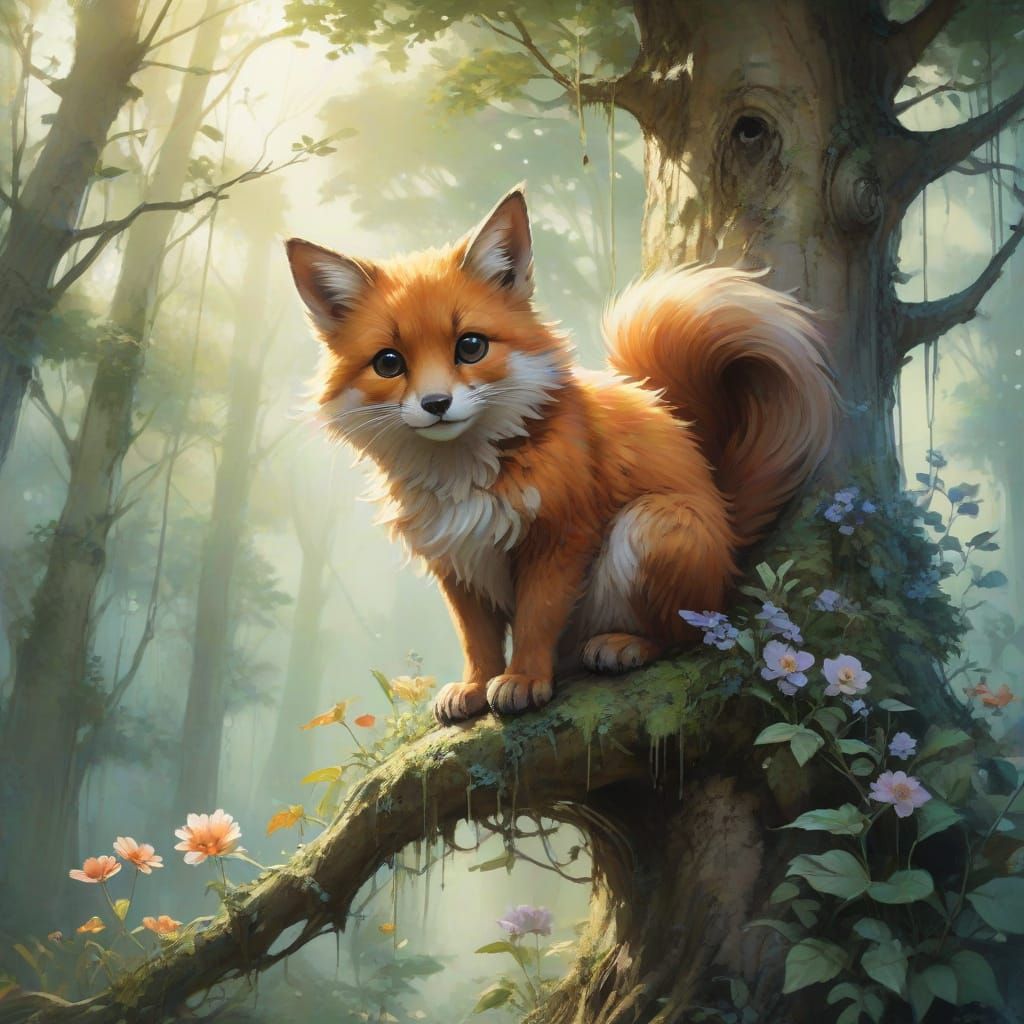 Whimsical Magical Forest Scene in Watercolor Style