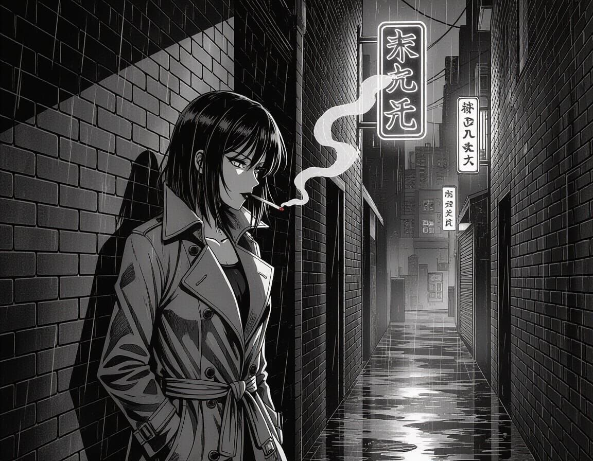 Anime Woman in Neon Alleyway Ink Drawing