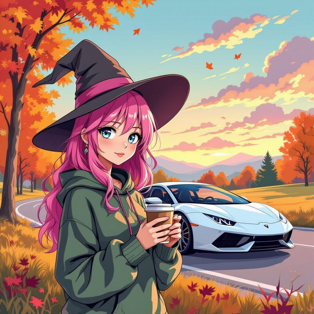 Anime Witch in Autumn Landscape with Sports Car