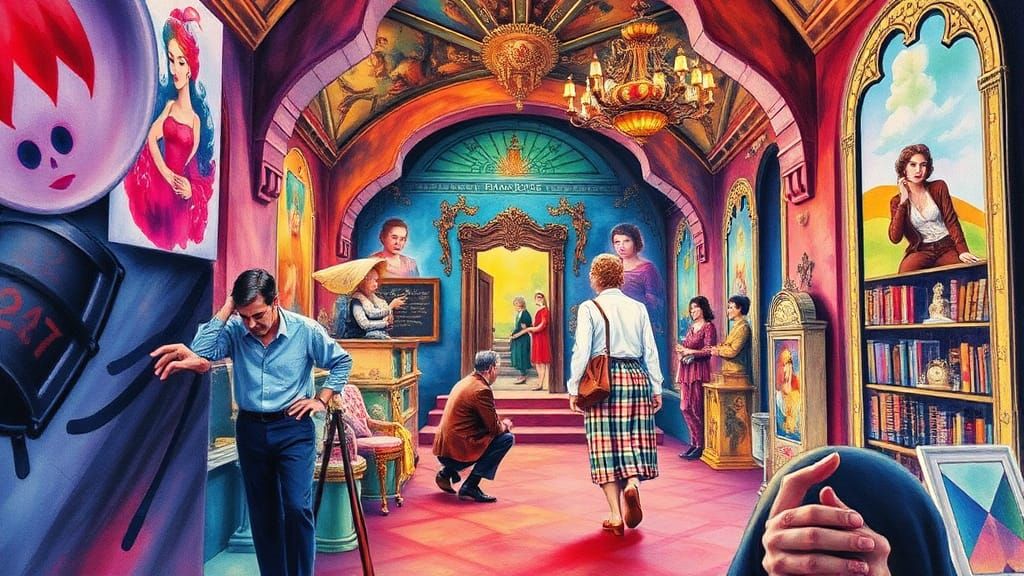 Vibrant Watercolour Scene in Style of Butler and Escher